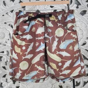 KAVU XL Brown Fish Print 100% Nylon Belted Shorts Men’s Outdoor Large Pockets